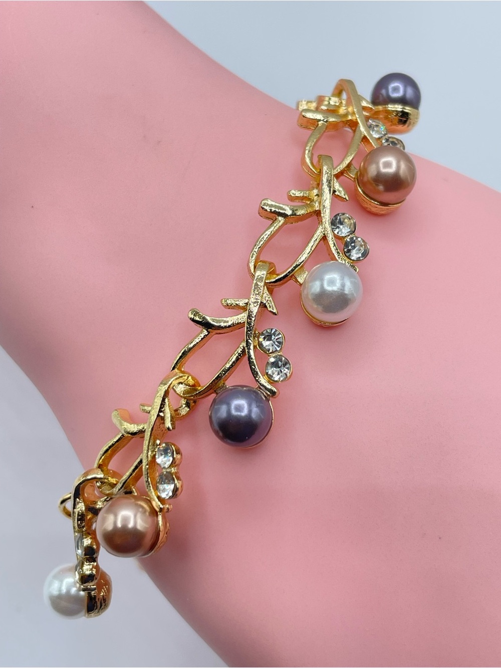 Gold Tri Color Faux Pearl Crystal Floral Branch Bracelet Glam Bridal Evening